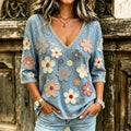 Women's Bohemian Vintage Floral Art Print Flowy Linen Blend Three Quarter Sleeves T-shirt