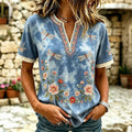 Women's Vintage Bohemian Floral And Dragonfly Art Print Linen Blend Tops