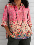 Women's Casual Retro Floral Print Cotton And Linen Shirt