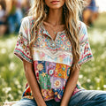 Women's Retro Hippie Floral Pattern Art Embroidered Linen Blend Shirts