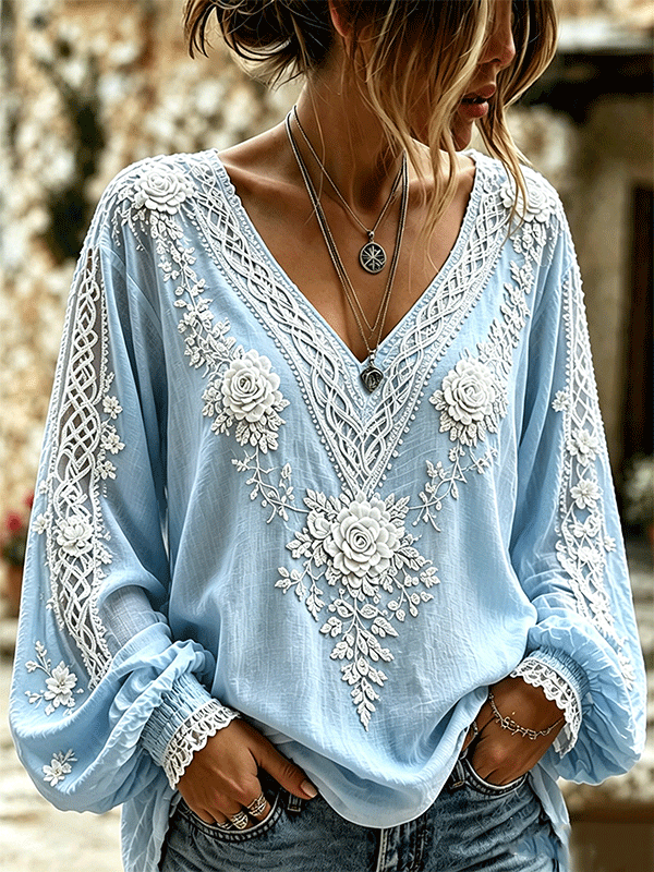 Women's Retro Celtic Knot With Floral Art Linen Blend Long Sleeves Shirt