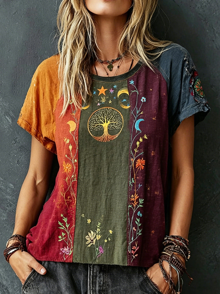 Women's Vintage Tree Of Life Floral Embroidery Color Block Casual Cotton Linen T-shirt
