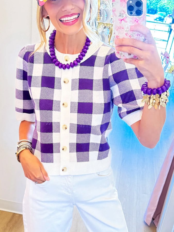 Purple Gingham Cropped Sweater Top