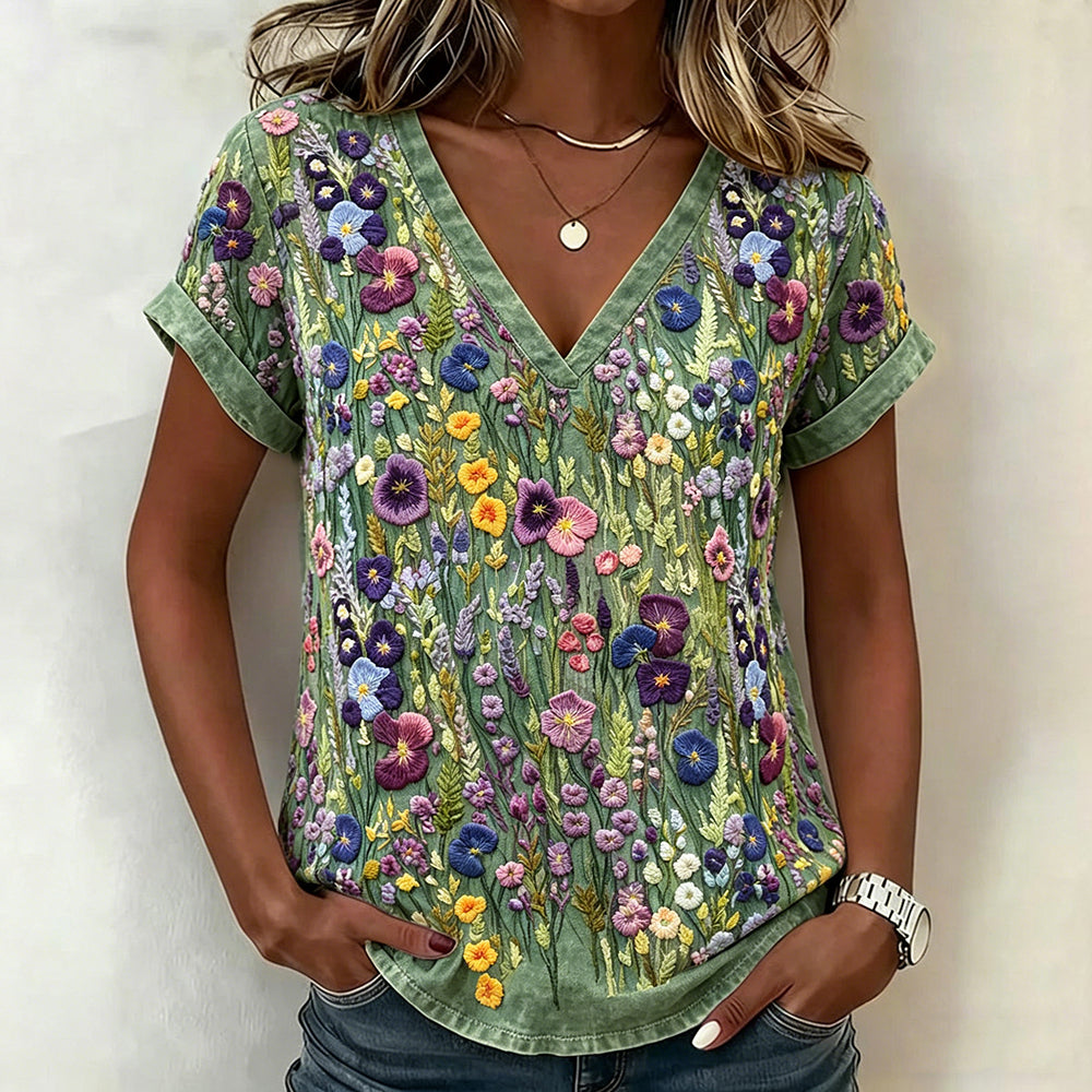 Elegant Violet Wildflower Embroidery Art Washed T Shirt