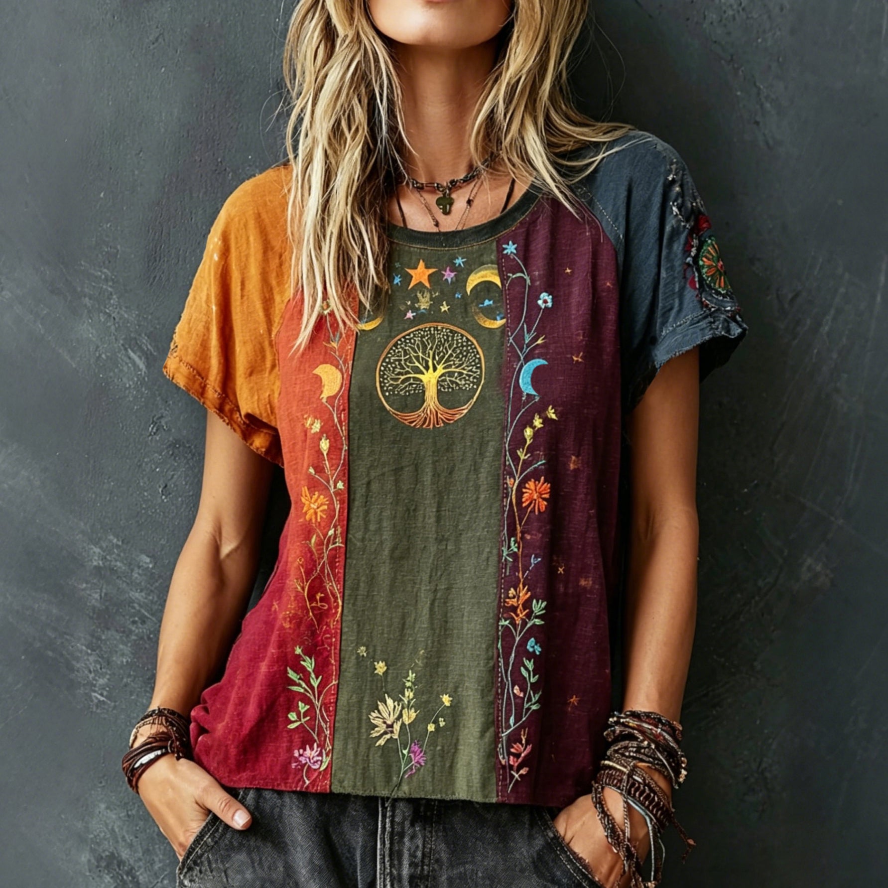 Women's Vintage Tree Of Life Floral Embroidery Color Block Casual Cotton Linen T-shirt