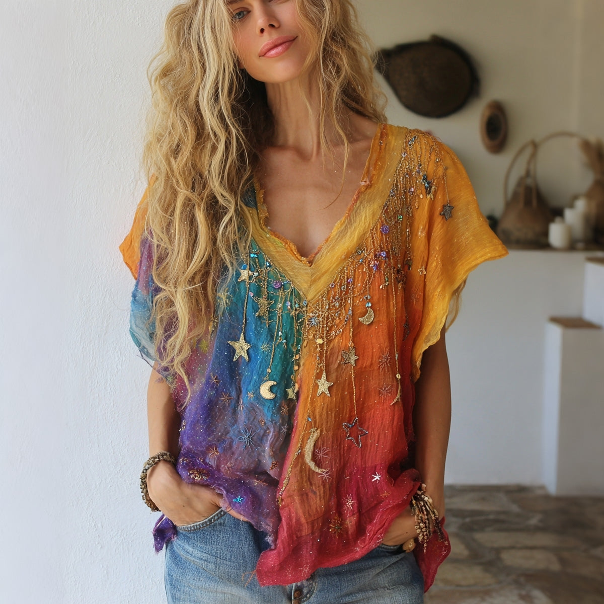 Women's Vintage Hippie Star Moon Gradient Art Flowy Short Sleeve V Neck Tops