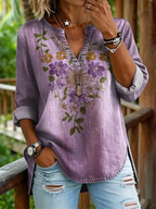 Women's Retro Purple Floral Art Print Casual Long-Sleeve V-Neck Washed Cotton Denim Top
