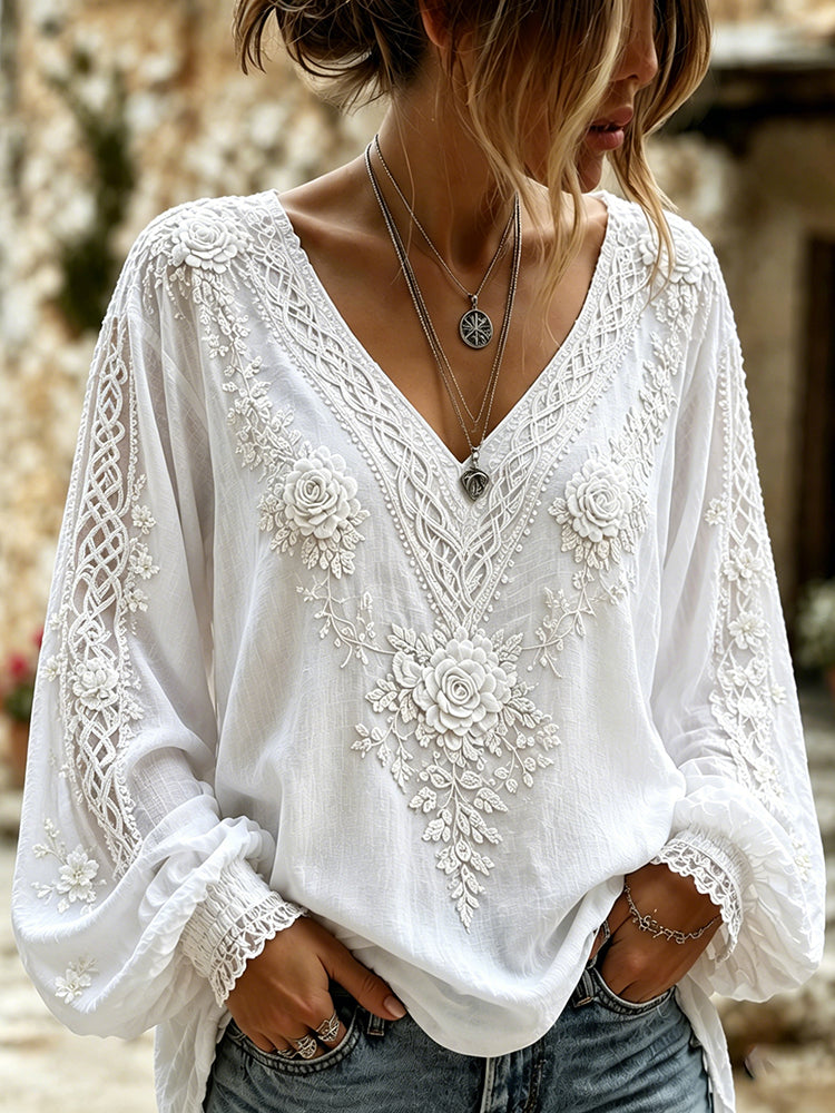 Women's Retro Celtic Knot With Floral Art Linen Blend Long Sleeves Shirt