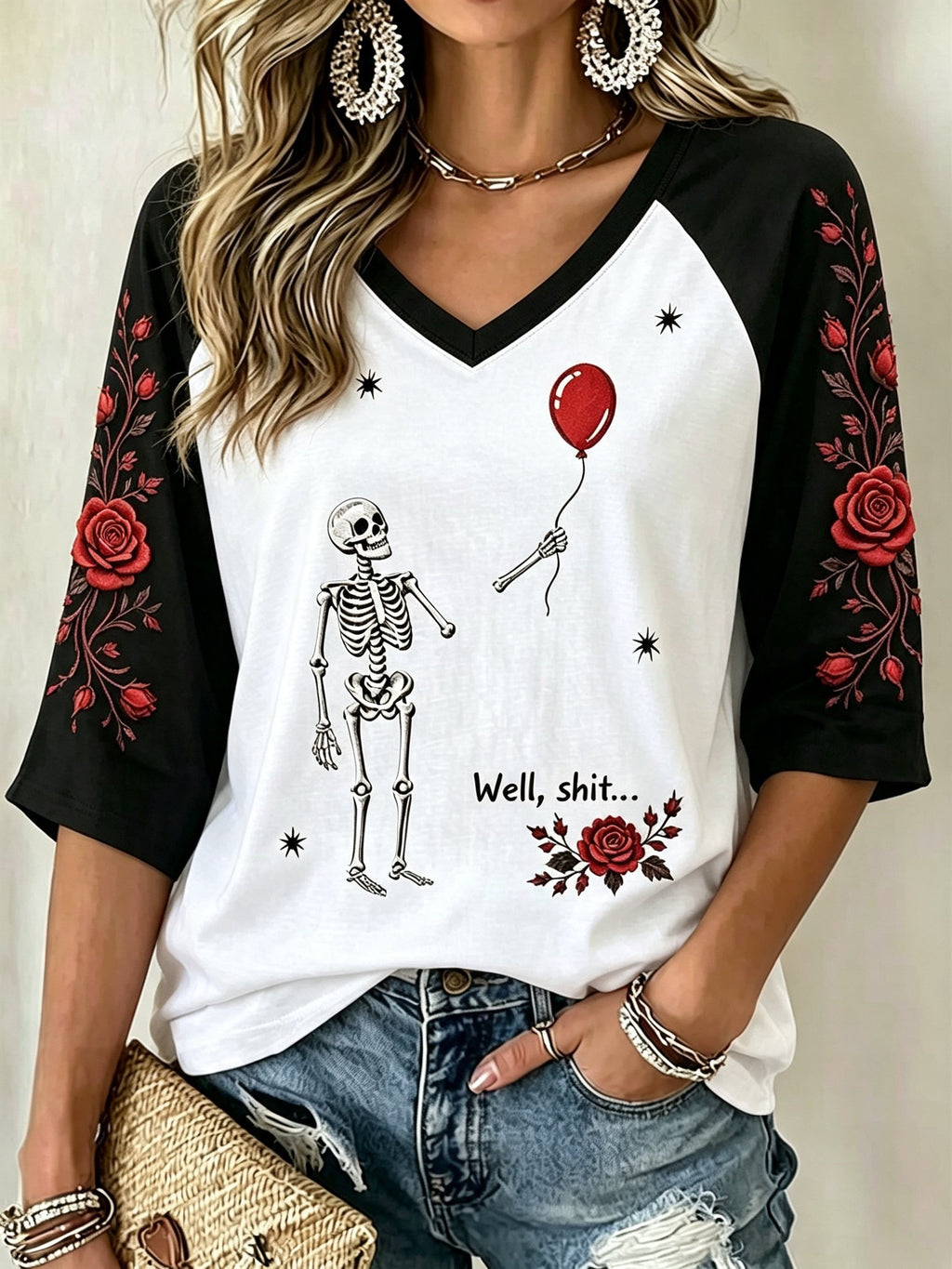 Women's Halloween Well, shit... Print V Neck T-Shirt