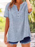 Women's Retro Striped Button Design V-Neck Short Sleeve Shirt