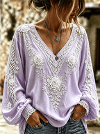 Women's Retro Celtic Knot With Floral Art Linen Blend Long Sleeves Shirt