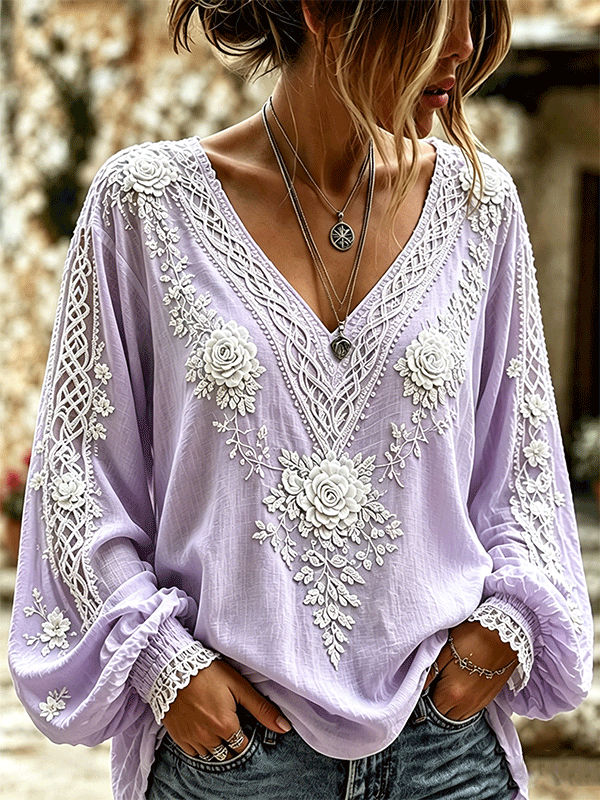 Women's Retro Celtic Knot With Floral Art Linen Blend Long Sleeves Shirt
