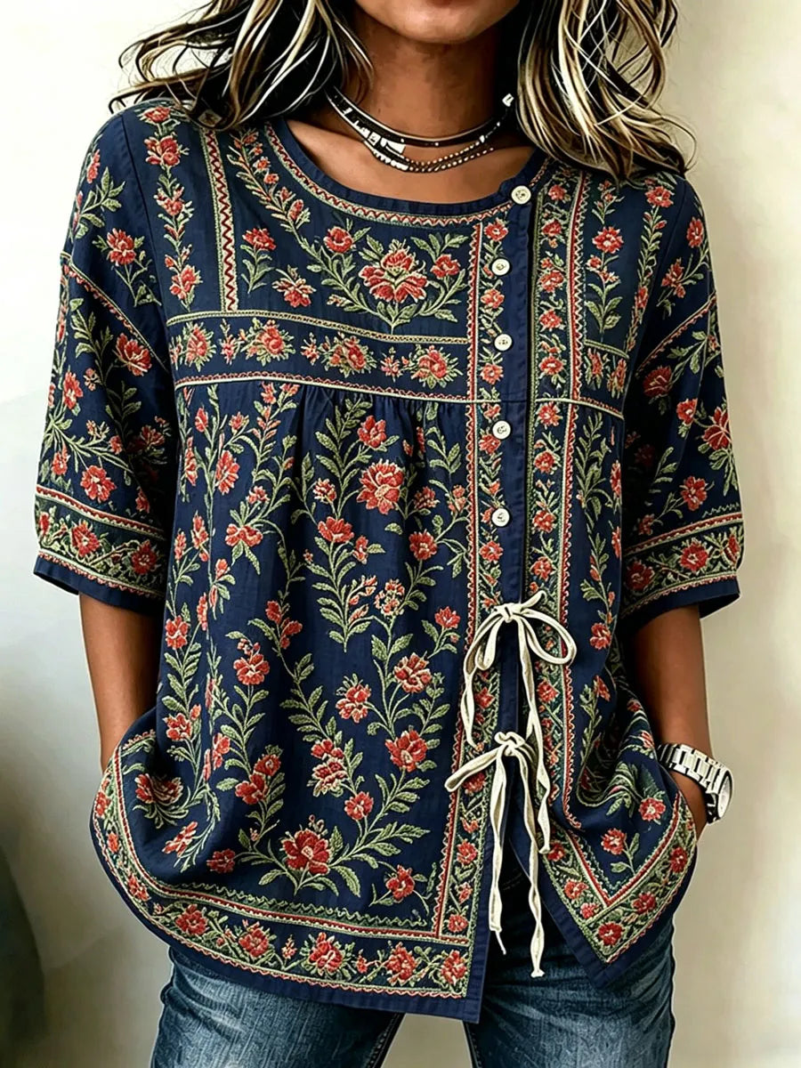 Women'S Cotton And Linen Casual Striped Print Top