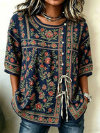 Women'S Cotton And Linen Casual Striped Print Top
