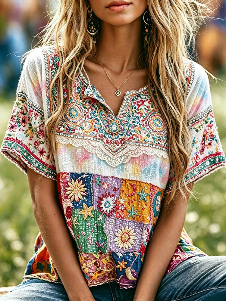 Women's Retro Hippie Floral Pattern Art Embroidered Linen Blend Shirts