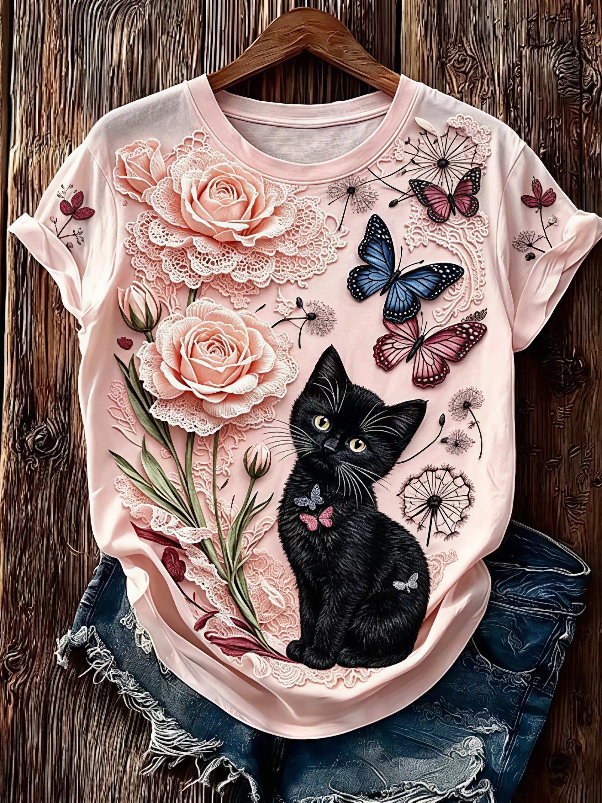 Women's Healing Cat Print Spliced Vintage Washed Short Sleeve T-shirt