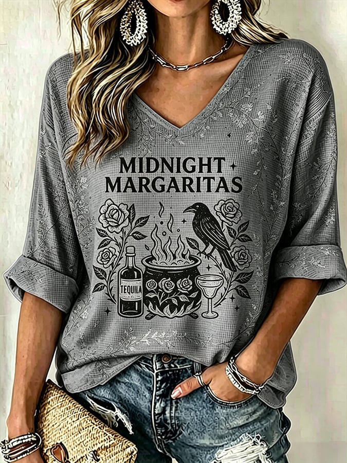 Women's Midnight Margaritas Print V Neck Top
