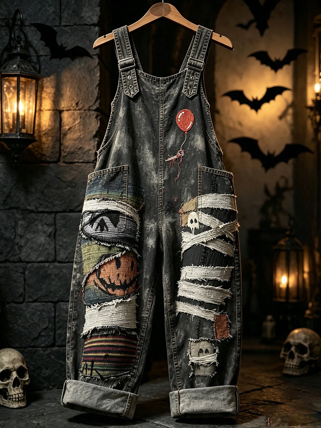 Women's Distressed Skull Print Halloween Jumpsuit