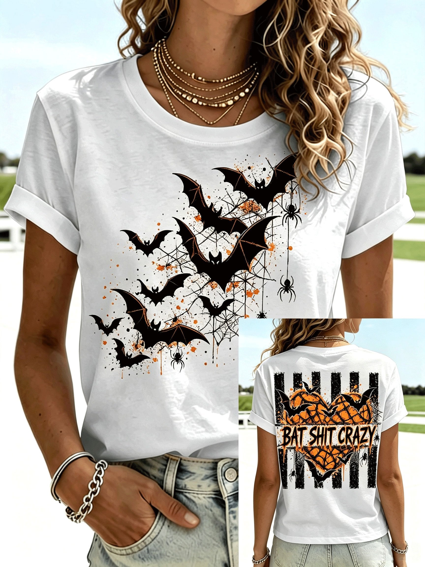 Women's Retro Halloween Print Crew Neck Casual T-Shirt