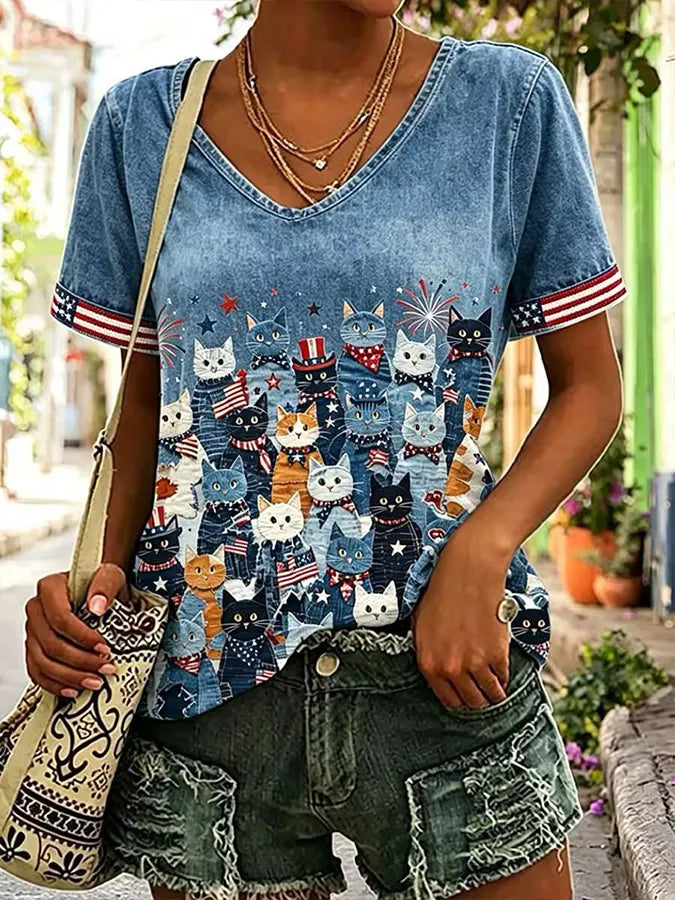 Women's Independence Day 250th Anniversary Fun Cat Print Top