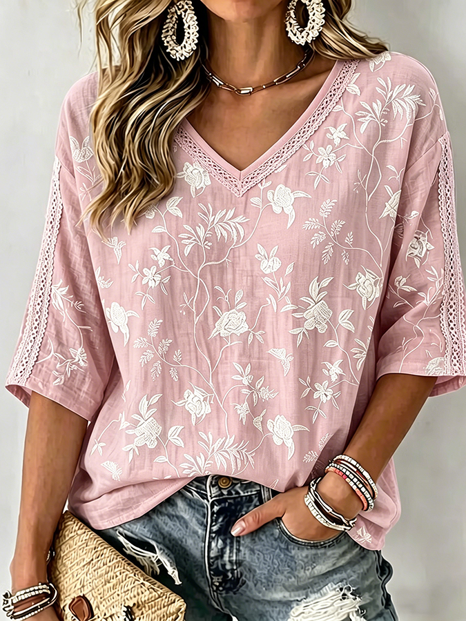 Women's V-neck floral print shirt