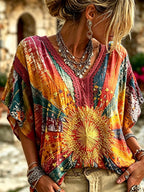 Women's Retro Star And Moon Embroidered Print V-neck Top