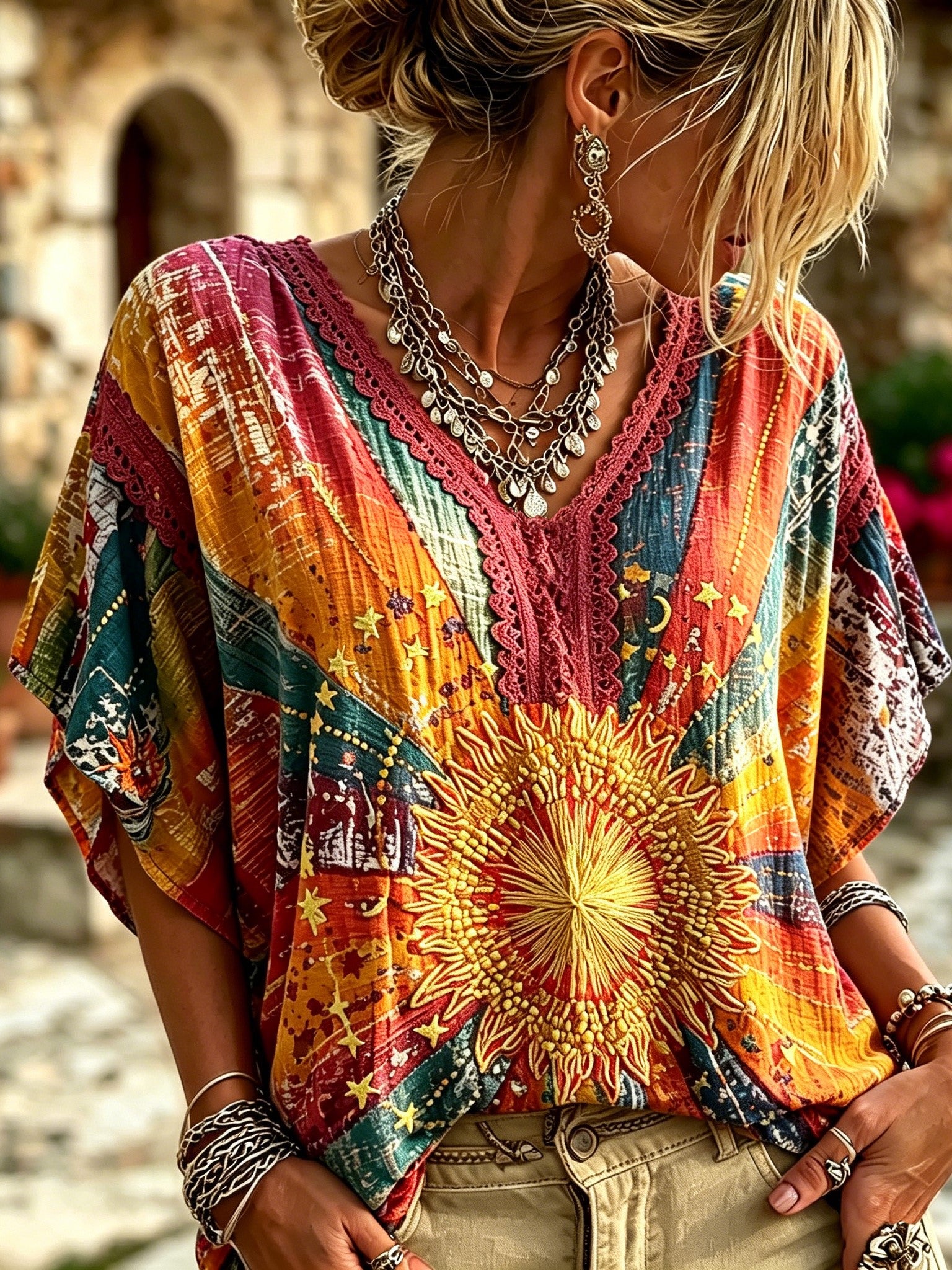 Women's Retro Star And Moon Embroidered Print V-neck Top