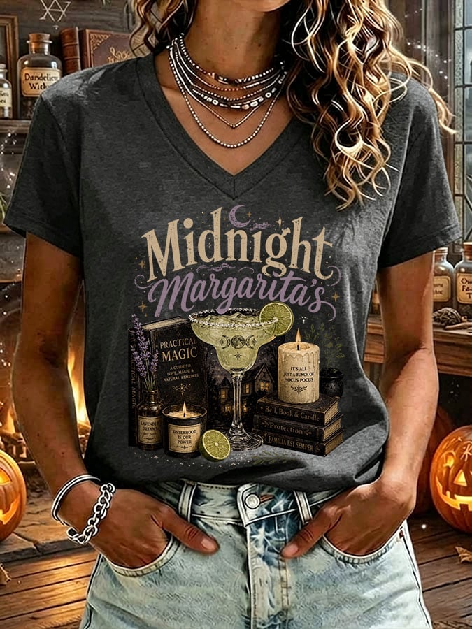 Women's Midnight Margaritas Print V Neck T-shirt