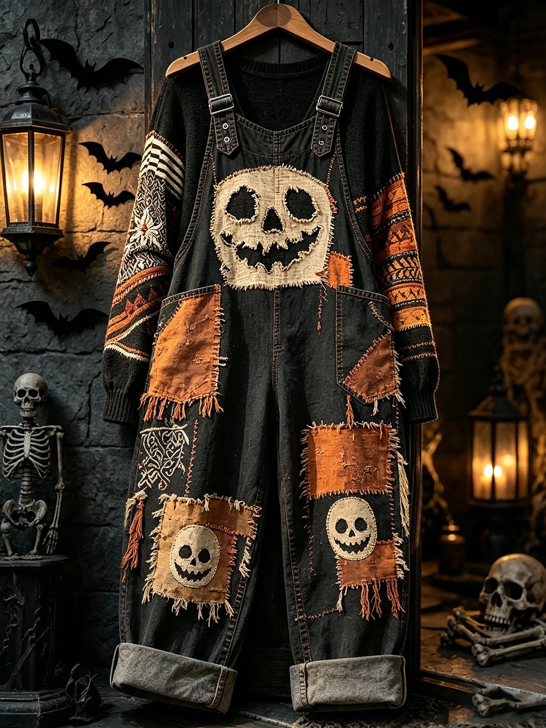 Women's Distressed Skull Print Halloween Jumpsuit