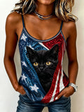 Women's Patriotic American Flag Cat Print Cami Tank Top