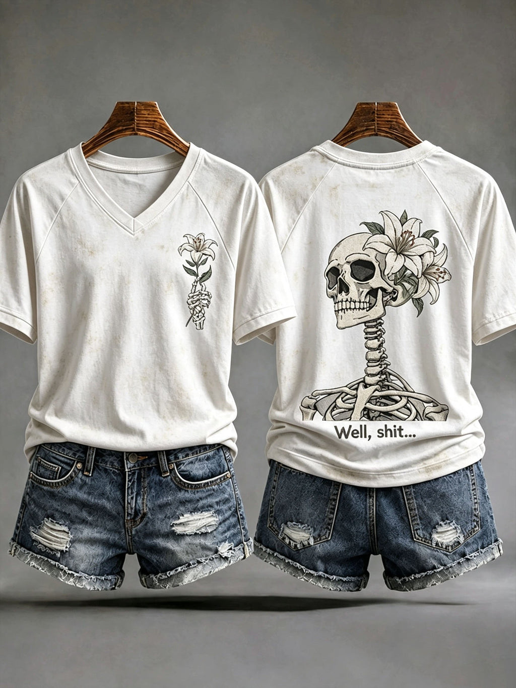 Women's Retro Halloween Well, Shit... Print V Neck T-Shirt