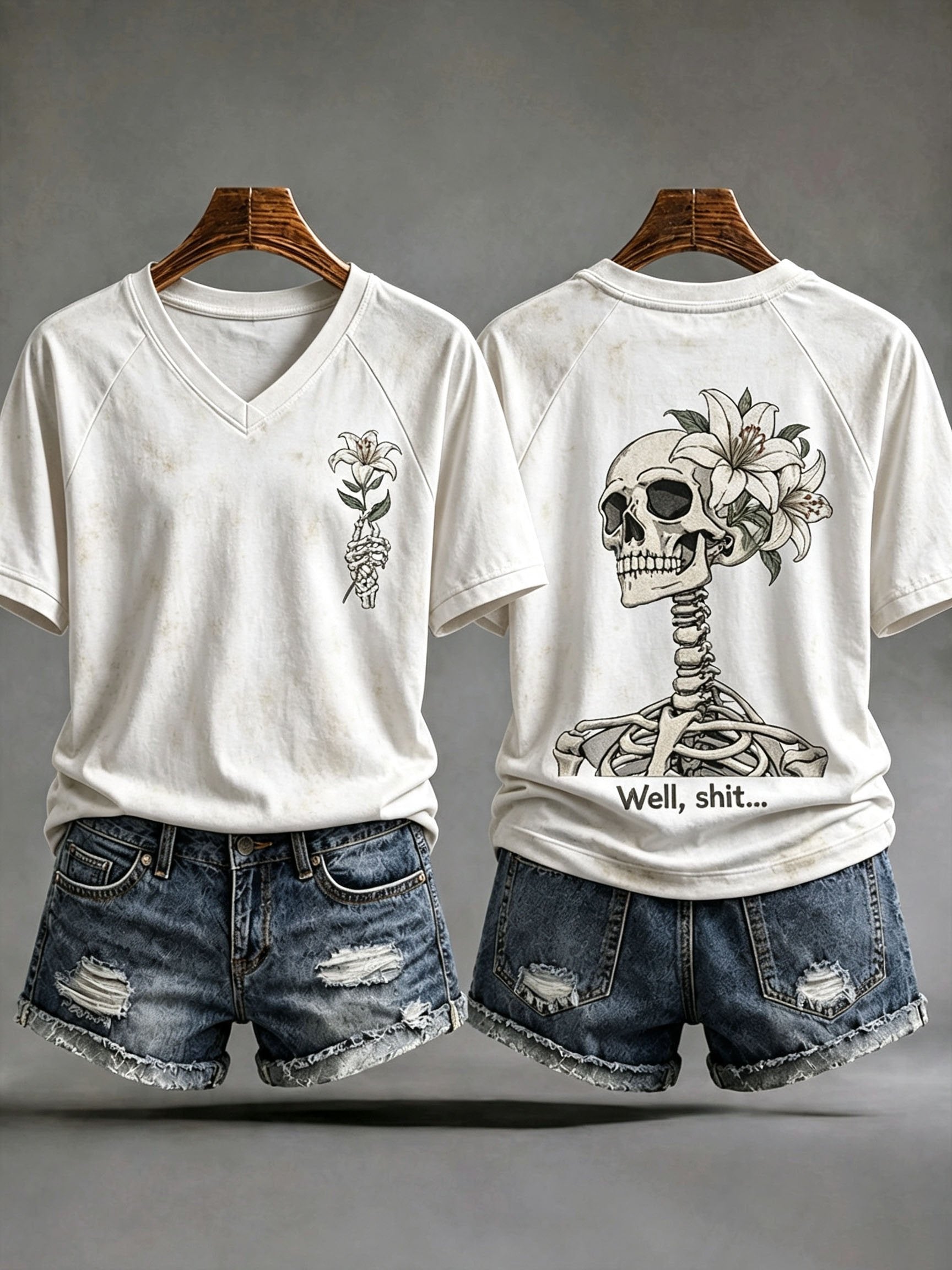 Women's Retro Halloween Well, Shit... Print V Neck T-Shirt