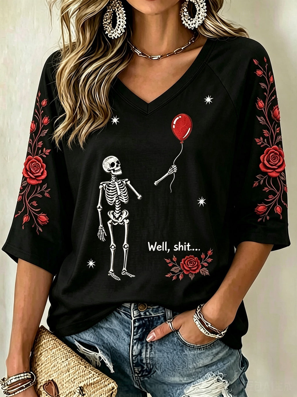 Women's Halloween Well, shit... Print V Neck T-Shirt