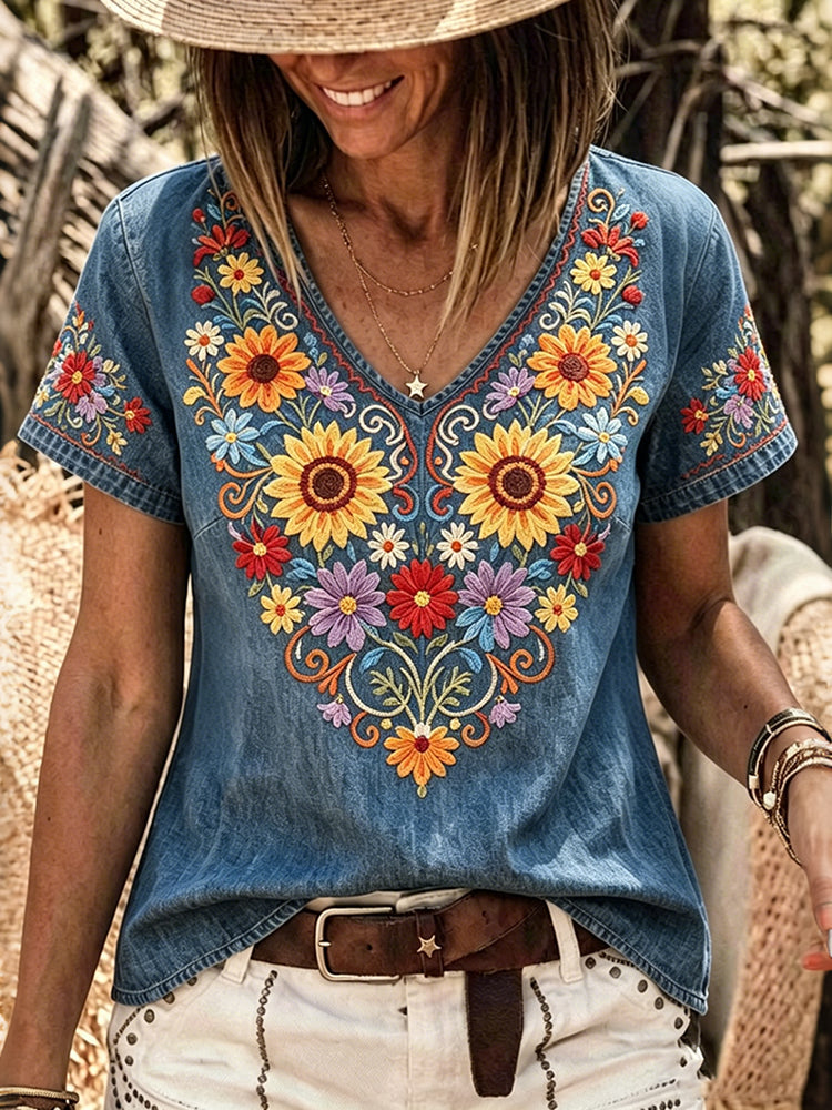 Women's Bohemian Vintage Floral Art Print Linen Blend Tops