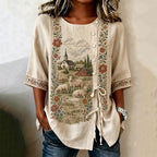 Women's Retro Floral Sheep Farm Scene Embroidered Short-sleeve Cotton Linen Top