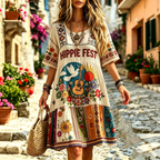 Women's Retro Patchwork Floral Hippie Print Cotton Linen Dress