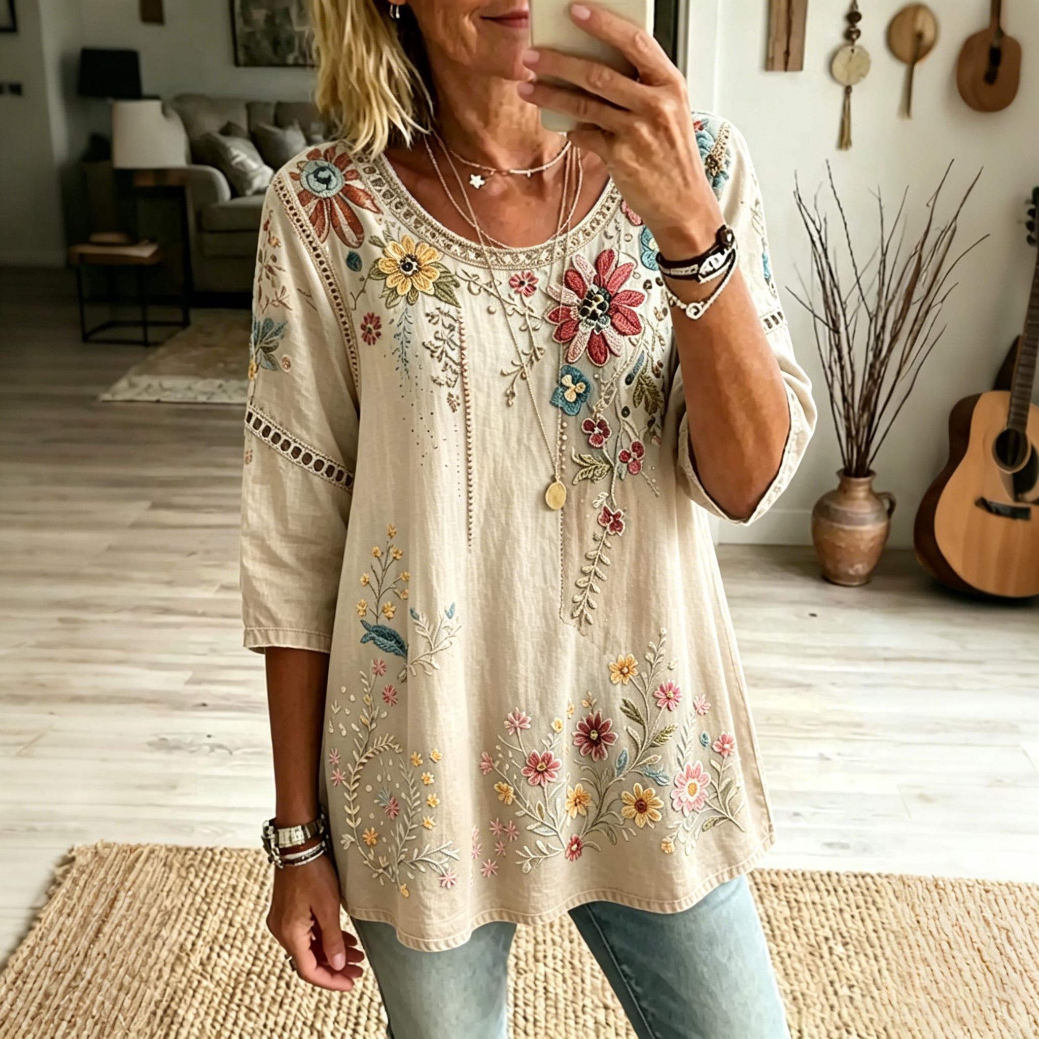 Women's Retro Floral Vacation Cotton Linen Top