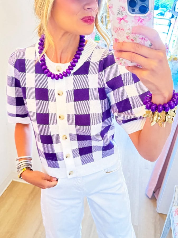 Purple Gingham Cropped Sweater Top