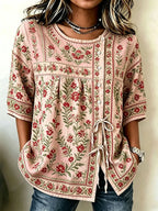 Women'S Cotton And Linen Casual Striped Print Top