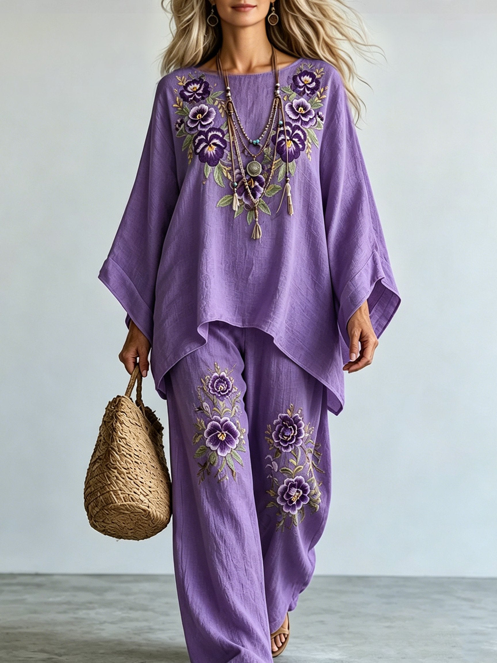 Women's Purple Floral Print Casual Top and Pants Set