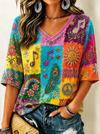 Women's Retro Hippie Patchwork Art V-neck T-shirt