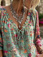 Women's Retro Ethnic Totems Print Ruffle V-neck Blouse