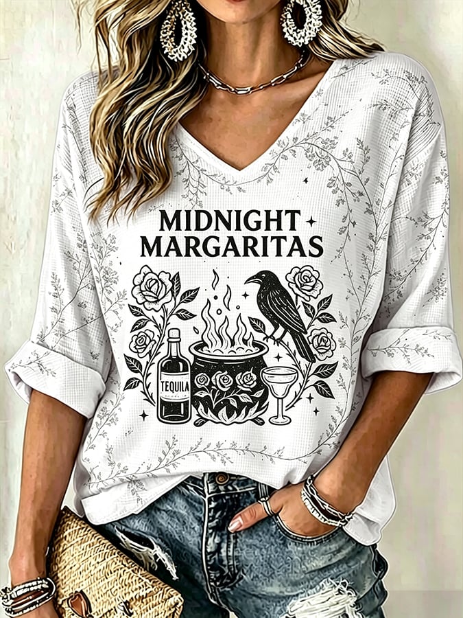 Women's Midnight Margaritas Print V Neck Top