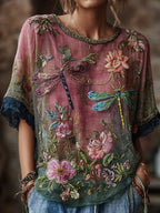 Women's Vintage Dragonfly And Floral Art Print Crew Neck Linen Blend Short Sleeve Tops