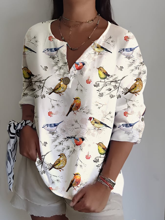Women's Casual Forest Bird Print Shirt