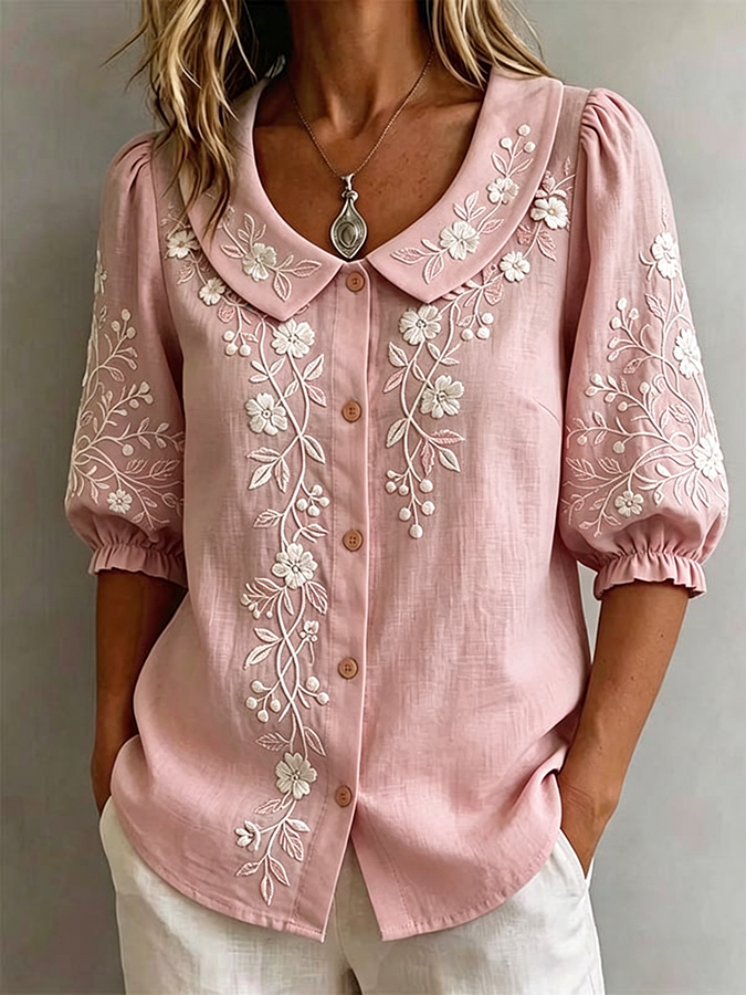 Women'S Casual Floral Cotton Linen Shirt