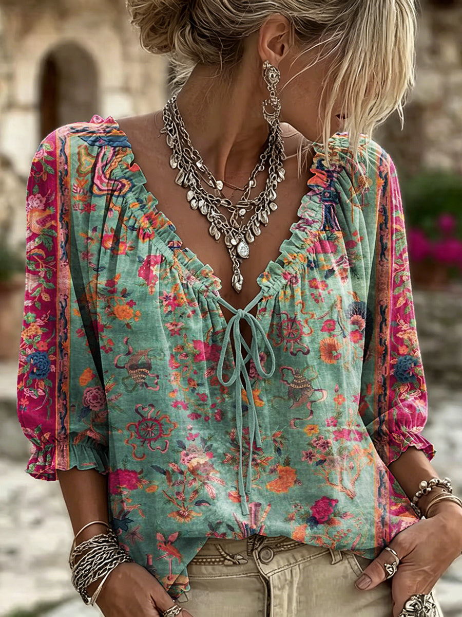 Women's Retro Ethnic Totems Print Ruffle V-neck Blouse