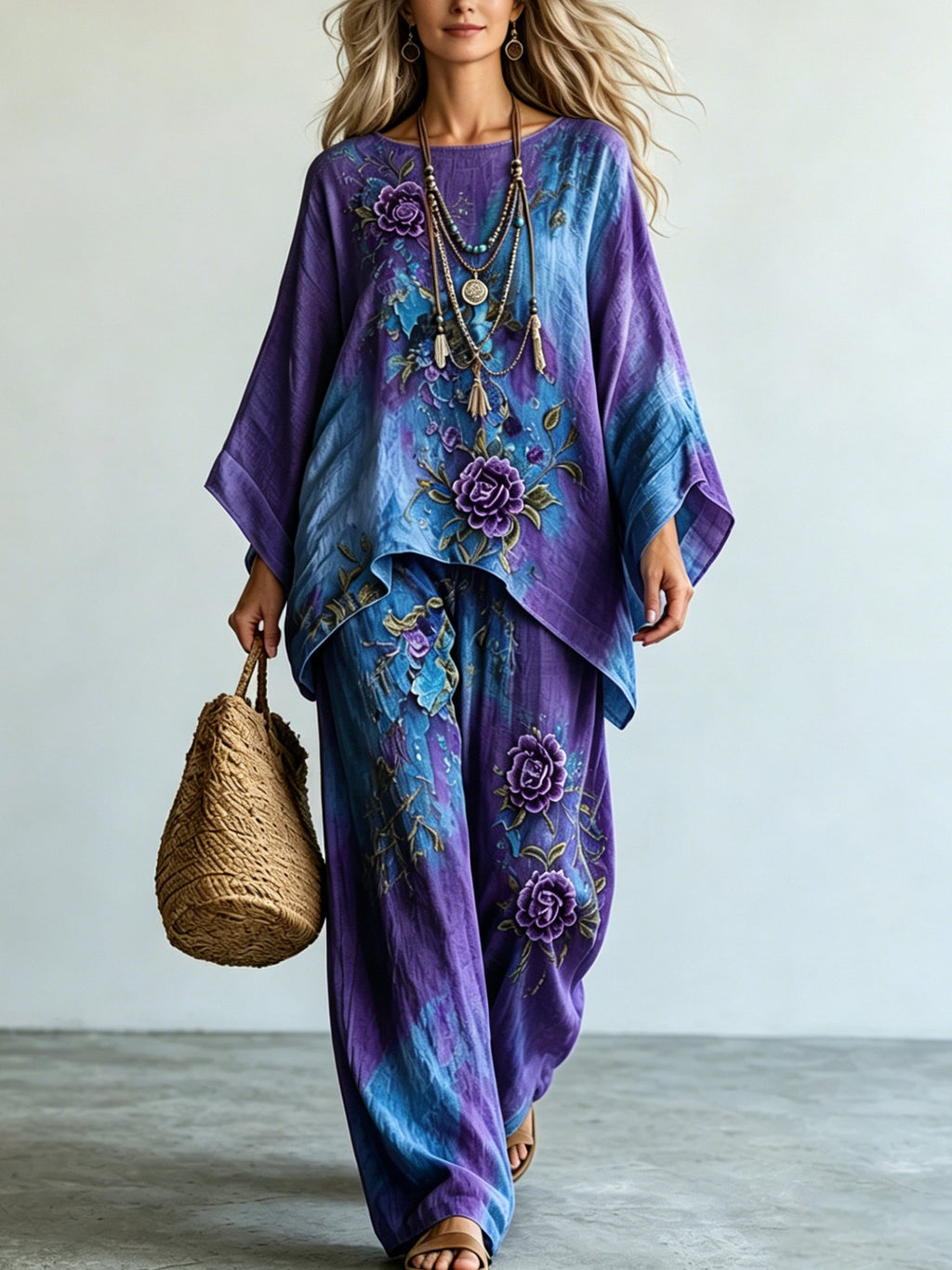 Women's Purple Floral Print Casual Top and Pants Set