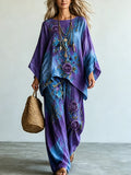 Women's Purple Floral Print Casual Top and Pants Set