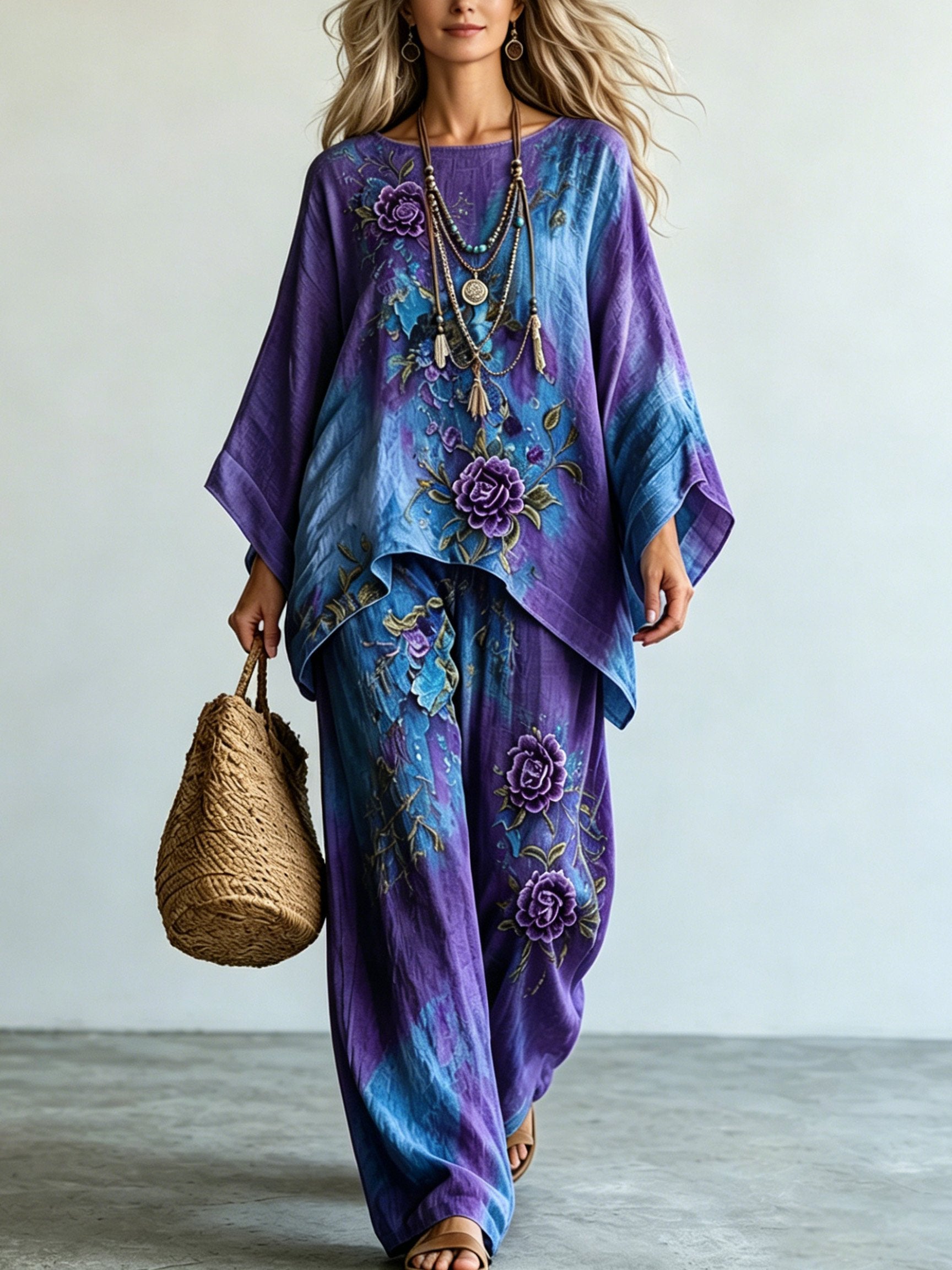 Women's Purple Floral Print Casual Top and Pants Set